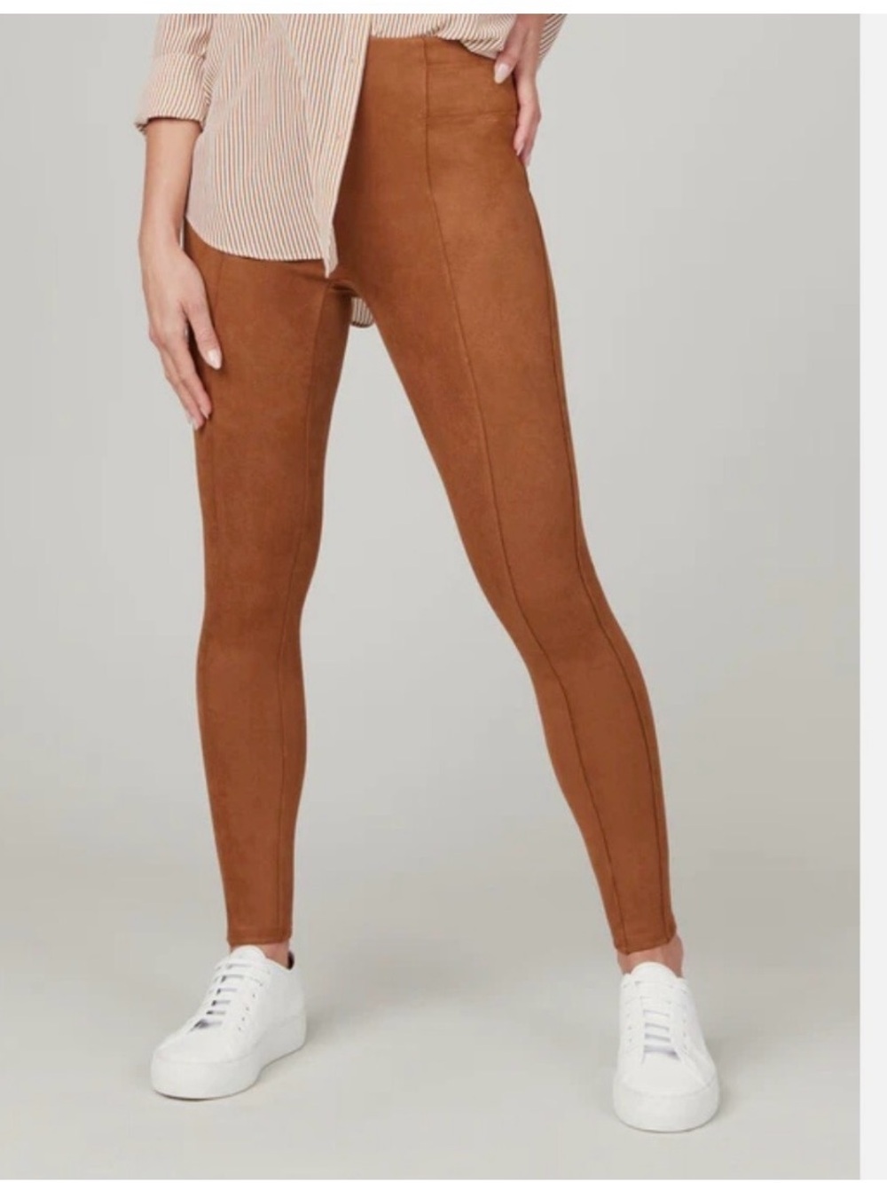 Spanx- High-Rise Faux-Suede Leggings - Camel Brown. Size L